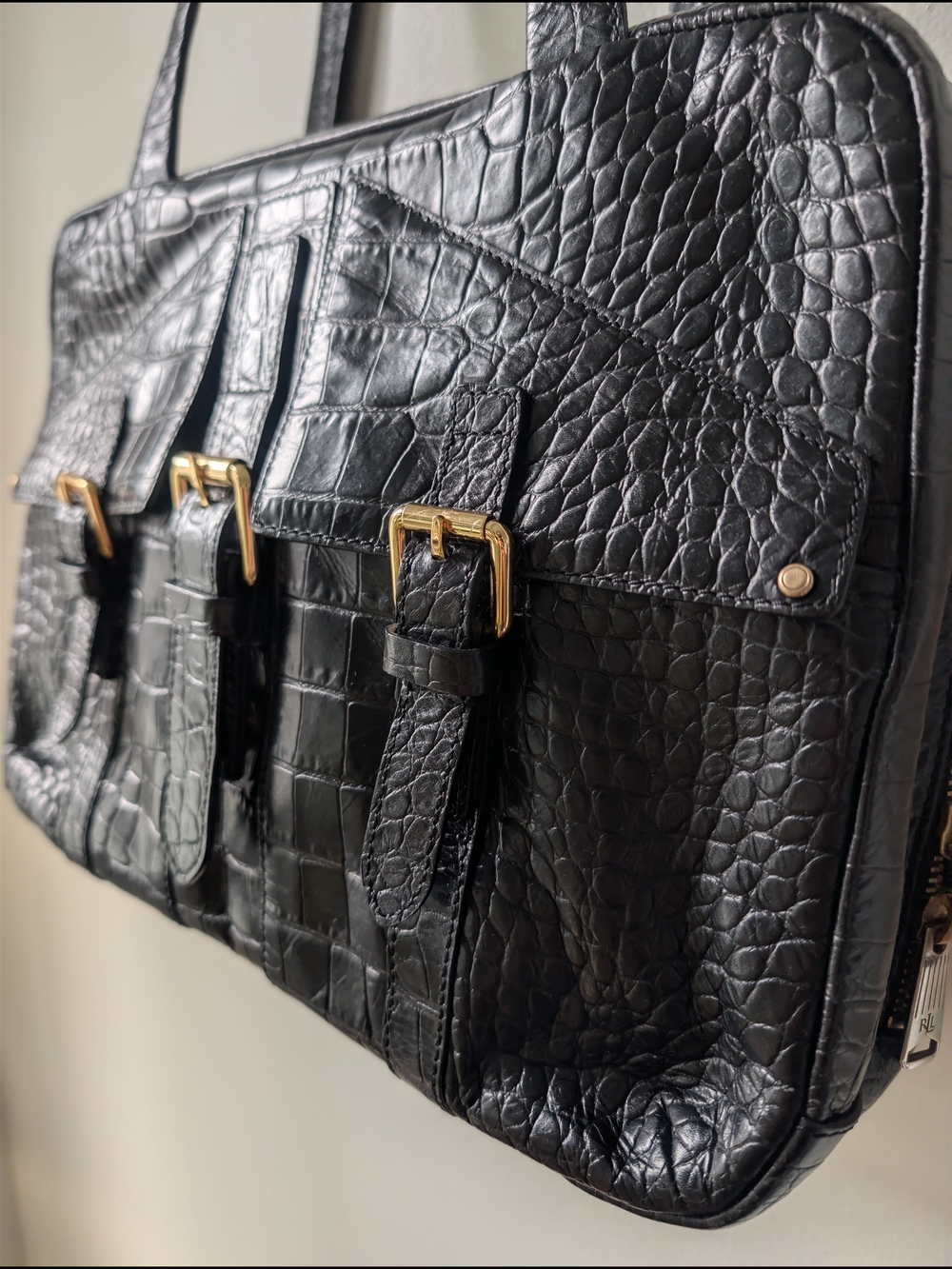 Lauren Ralph Lauren Black Embossed Croc Leather Double Zip Briefcase Tote Bag - Picture 6 of 8